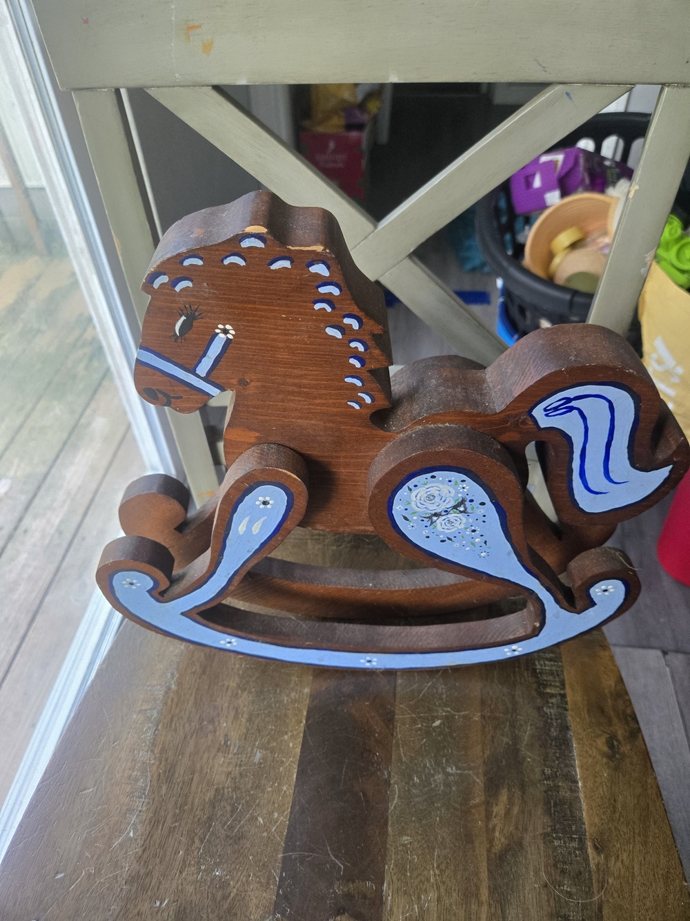 Hand-Painted Wooden Rocking Horse Decor - Blue Accents
